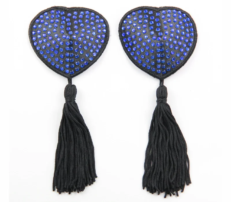 Love in Leather Burlesque Series Diamante Heart Shaped Reusable Nipple Pasties with Tassels