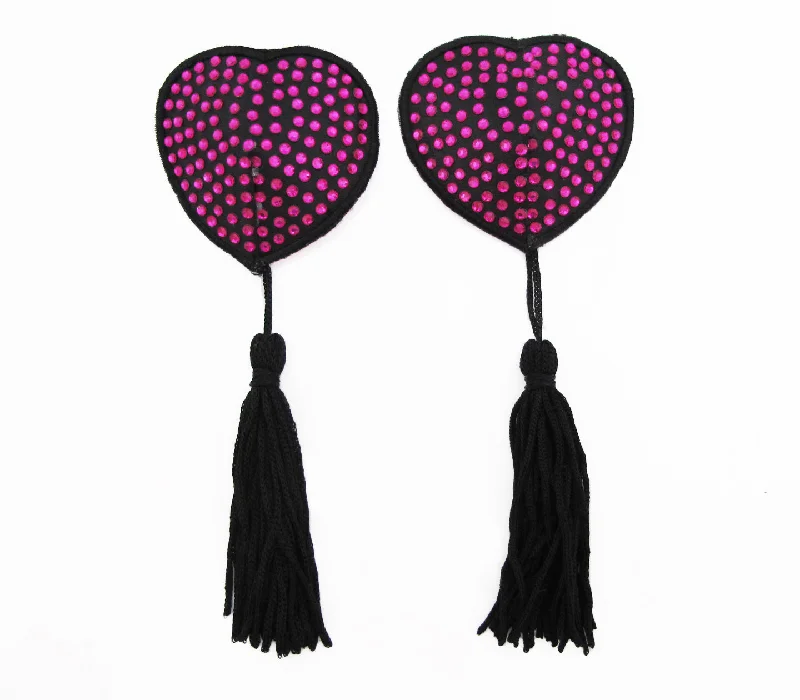 Love in Leather Burlesque Series Diamante Heart Shaped Reusable Nipple Pasties with Tassels