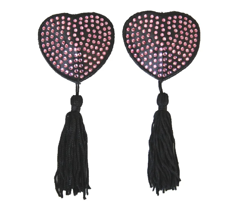 Love in Leather Burlesque Series Diamante Heart Shaped Reusable Nipple Pasties with Tassels