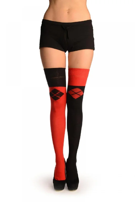 One Red & One Black With Reversed Tiles & Tops Over The Knee Socks