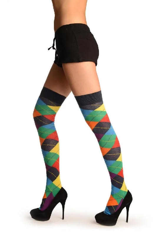 Orange, Purple, Green, Red & Blue Argyle Over The Knee Socks