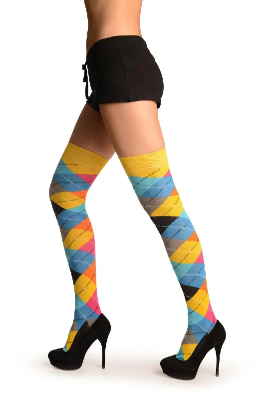 Yellow, Orange, Grey, Blue & Black Argyle Over The Knee Socks